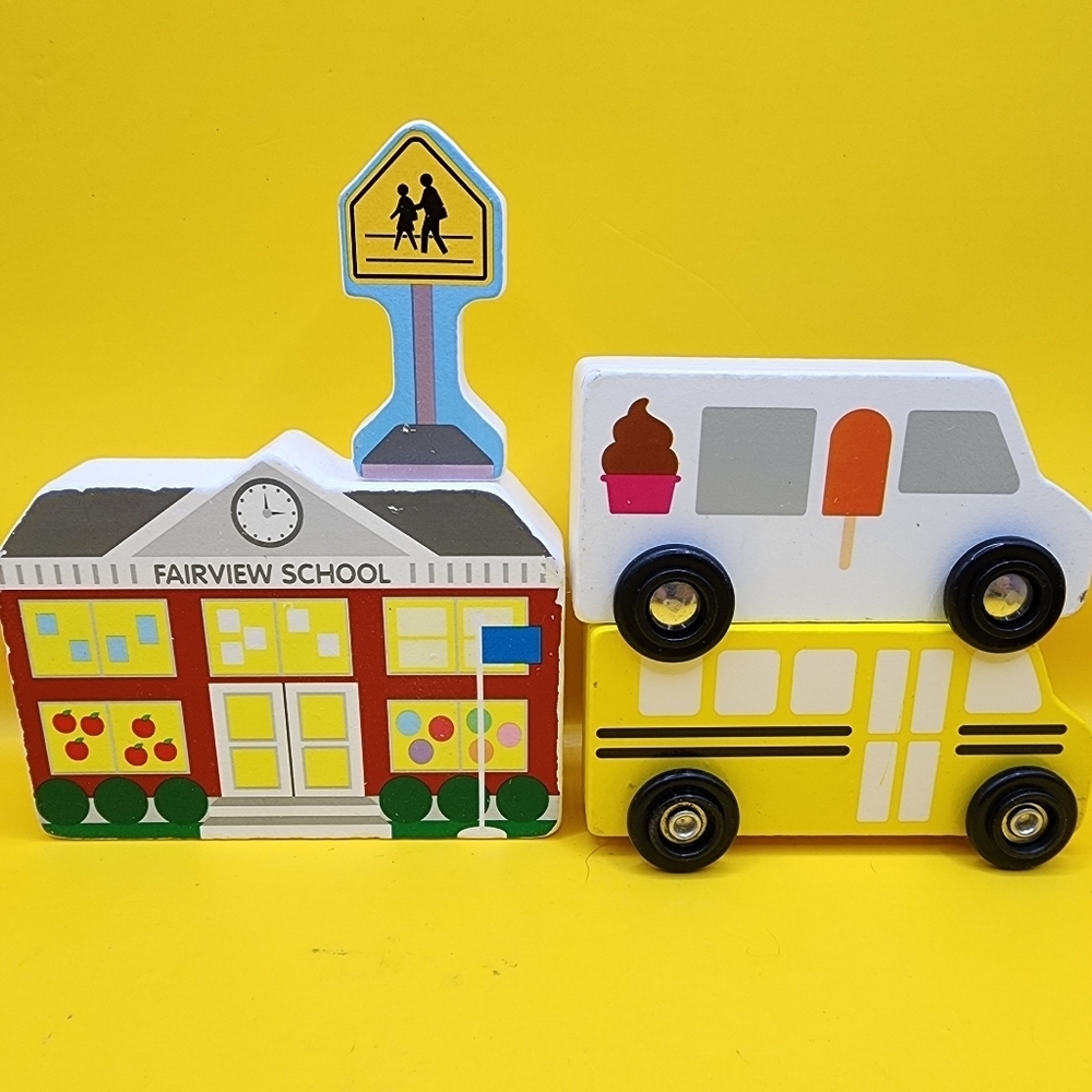 Melissa & Doug Wooden Town School Ice Cream Truck School Bus Sign